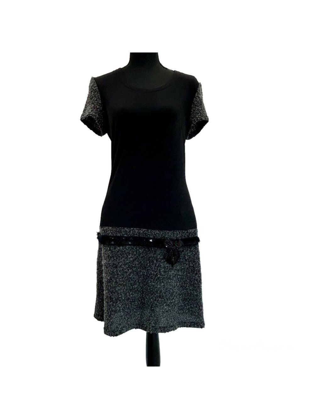 JOSEPH Ribkoff Black Gray Pencil Boucle Sequin Beaded Bow mini Dress Sz 6